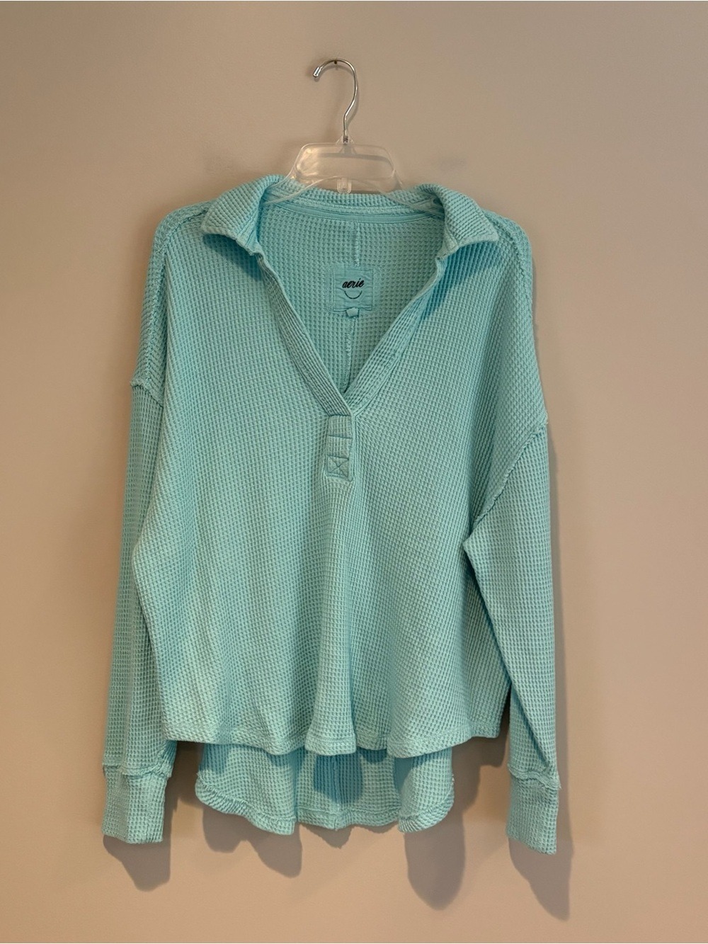 Aerie Light Aqua Waffle Knit Collared Pullover Size M - Picture 1 of 6